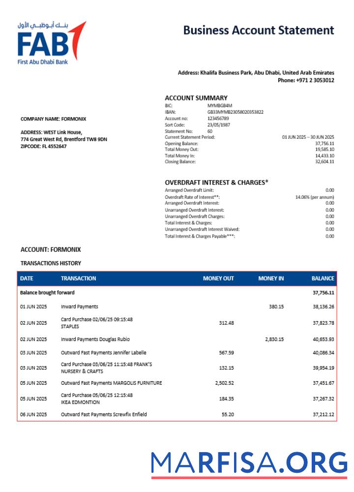 Blank UAE First Abu Dhabi firm account statement Word and PDF template